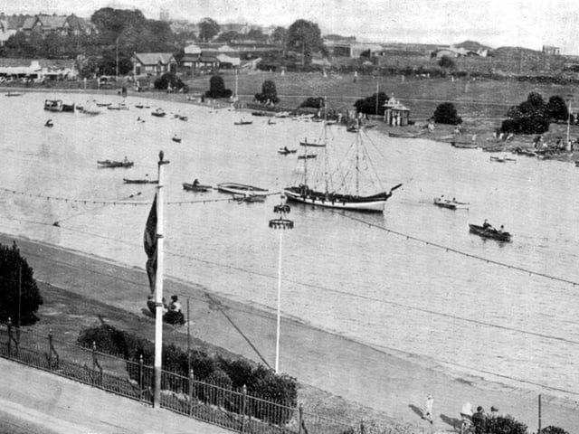 A strange sight, a three-masted schooner berthed on Canoe Lake, Southsea. (A smaller version of the real thing).