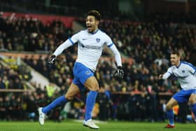 Andre Green celebrating his stoppage-time winner for Pompey at Norwich in January 2019. Picture: Joe Pepler