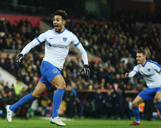Andre Green celebrating his stoppage-time winner for Pompey at Norwich in January 2019. Picture: Joe Pepler