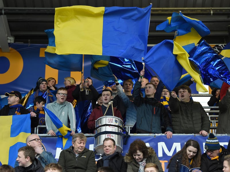 Fans stand in the safe standing section at the Montgomery Waters Meadow stadium ahead of the English FA Cup fourth round football match between Shrewsbury Town and Wolverhampton Wanderers in Shrewsbury, central England, on January 26, 2019. (Photo by PAUL ELLIS/AFP via Getty Images)