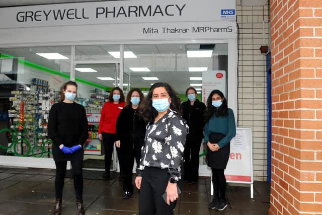 Front, Mita Thakrar, superintendent of Greywell Pharmacy with her team from left, Fenella Carcary, pharmacist, Mandy Luker, Post Office clerk, Donna Davies, accuracy checking technician, Tanya Hare, healthcare assistant and Jayminee Dinham, pharmacist.

Picture: Sarah Standing (020221-2146)