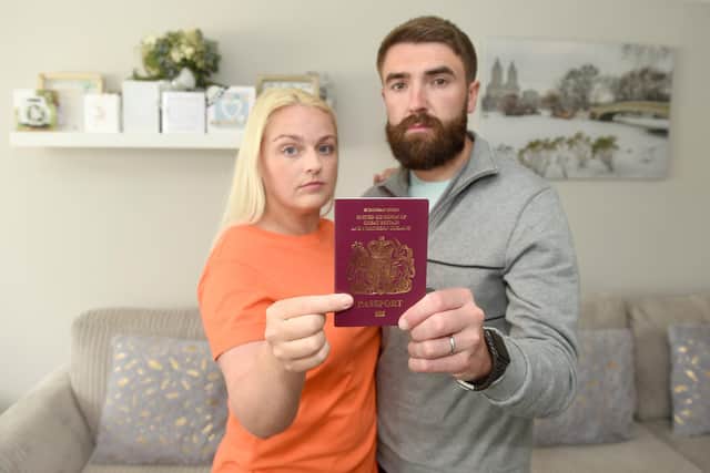 Newlyweds Cameron Smith (27) and Shanice Budd-Smith (29) from Copnor, were denied check in with Easy Jet at Gatwick Airport for their honeymoon to Portugal on Sunday, May 22, because Shanice's passport had just under three months left on her passport before it expired.
Picture: Sarah Standing (240522-7977)