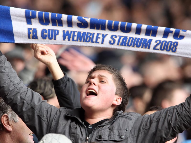 A Pompey fan celebrates FA Cup fifth round success at Southampton in February 2010. Photo by Phil Cole/Getty Images