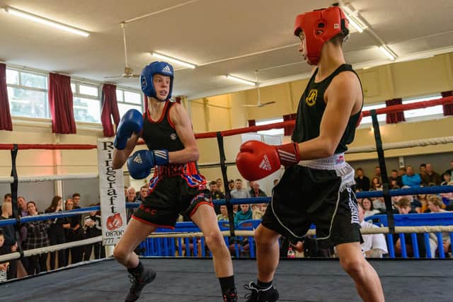 Waterloovile Boxing Club's Monty Bray (left) in action against Ivor Price. Picture: Vernon Nash