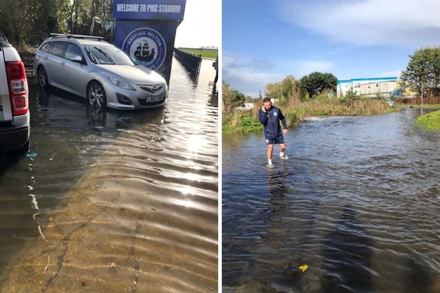 The flooded football ground.
