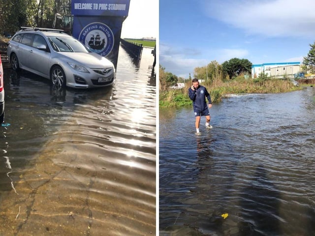 The flooded football ground.
