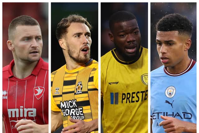 From left: Cheltenham's Alfie May, Cambridge striker Sam Smith, Burton defender Adedeji Oshilaja and Manchester City youngster Shea Charles