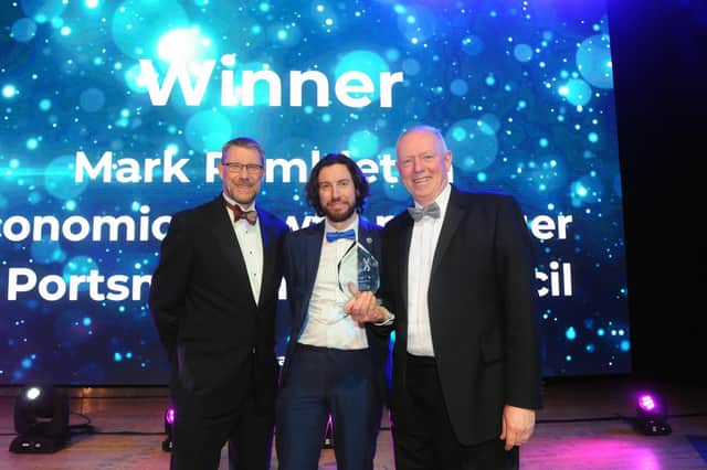From left, Mark Waldron, editor of The News, Portsmouth with sponsor Peter Hooley from the University of Portsmouth and the Lifetime Achievement winner Mark Pembleton.
Picture: Sarah Standing (290422-3160)