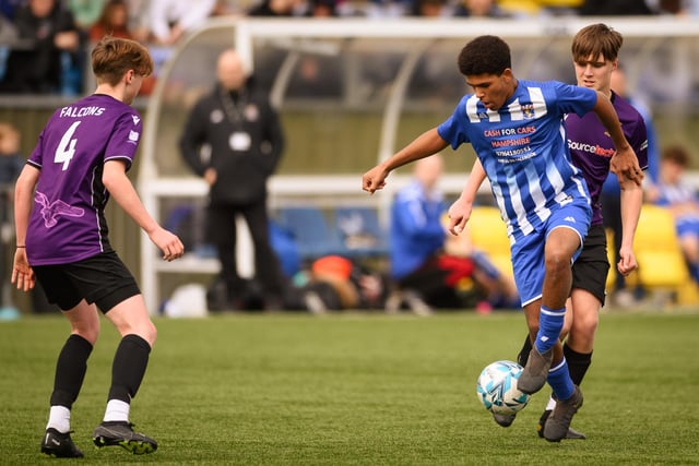 Action from the Portsmouth Youth League U15 Challenge Cup final between Bedhampton Youth (blue and white kit) and Gosport Falcons. Picture: Keith Woodland (190321-1267)