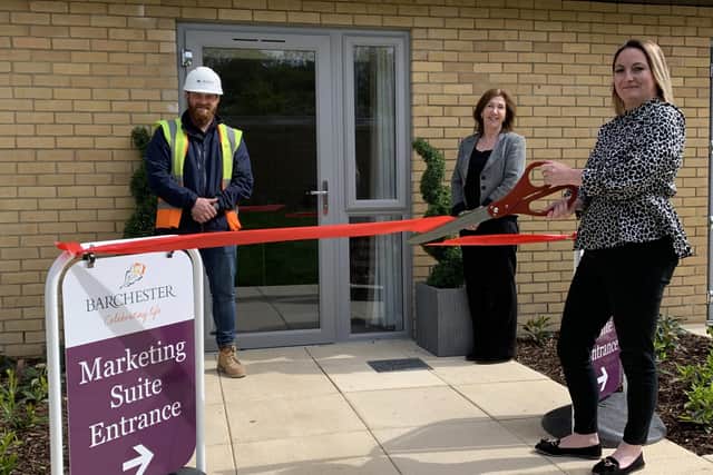 Florence Court, Barchester Healthcares new luxury care home in Fareham, is celebrating its official opening. Pictured Steve Dixon, McGoff Construction, Fiona Bacon, Sales and Marketing and Lauren Mortimer Deputy Manager, Florence Court.