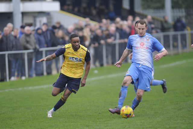 Rudi Plummer, left, in action for Moneyfields against AFC Totton on New Year's Day - one of only 15 Southern League games the club would play in 2020. Pic: Ian Hargreaves.