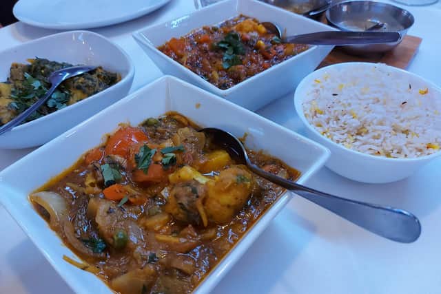 The vegetable pathia, veg dupiaza, sag aloo and rice at Purple Mango in Albert Road, Southsea