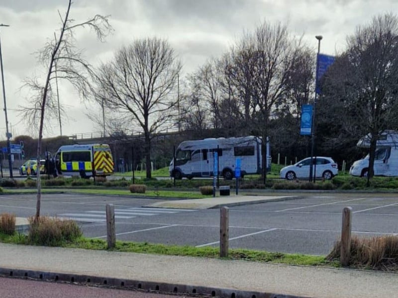 There is a large police presence at the Portsmouth Park & Ride in Tiper Lane near the M275, with reports of travellers forming up in the area.