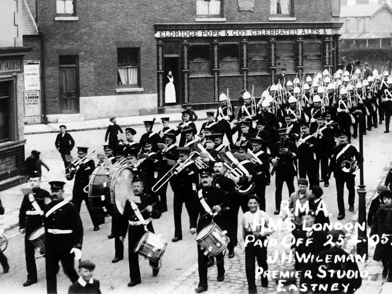 RMA at Eastney 1905.
Seen marching down Eastney Street towards the barracks are marines from HMS London. Picture: Robert James collection.