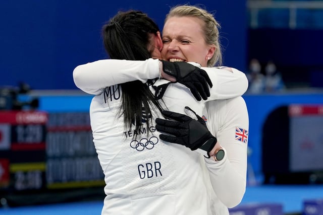 Eve Muirhead and Vicky Wright celebrate victory