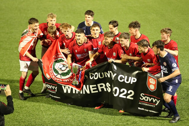 Camberley Town celebrate their Hampshire U18 Floodlit Cup final win. Picture by Dave Haines.