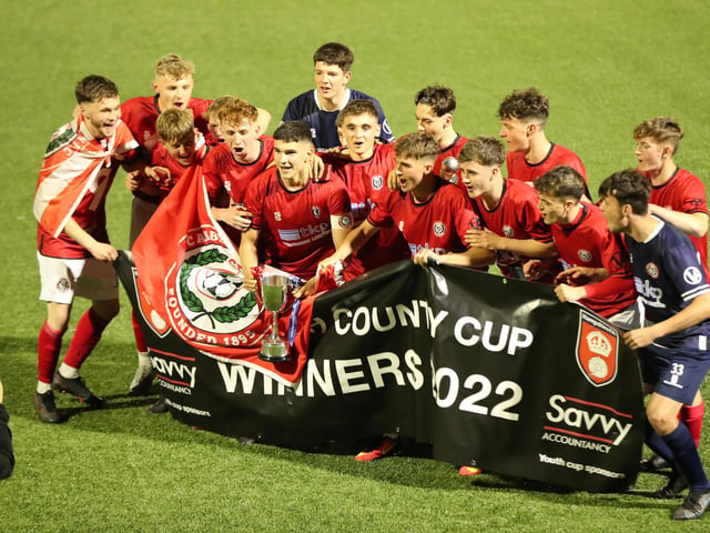 Camberley Town celebrate their Hampshire U18 Floodlit Cup final win. Picture by Dave Haines.