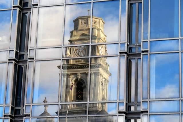 An interesting view of the Guildhall reflected in the windows of the Civic Offices by Adele Mallows