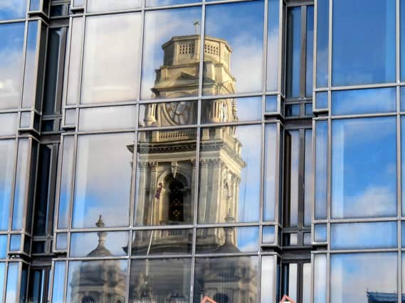 An interesting view of the Guildhall reflected in the windows of the Civic Offices by Adele Mallows
