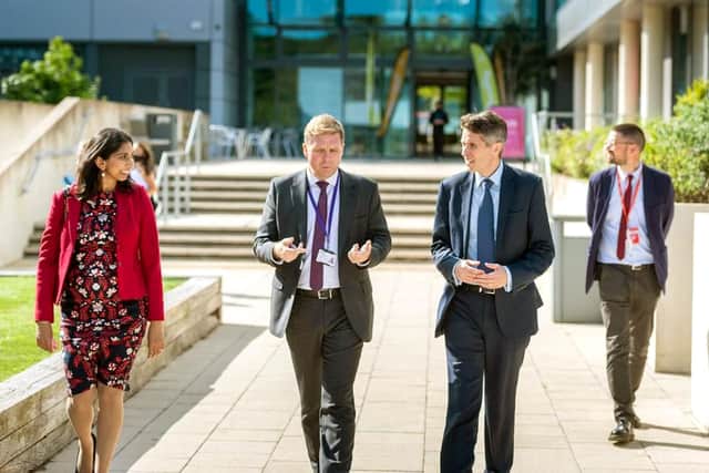 Suella was joined by the Secretary of State for Education, Gavin Williamson, right, to unveil the new T Level teaching facilities at Fareham College in September 2020.
Suella Braverman, right, is pictured with Andrew Kaye, the Principal of Fareham College, and the Secretary of State for Education, Gavin Williamson, left.