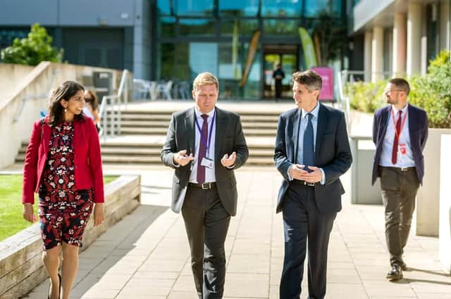 Suella was joined by the Secretary of State for Education, Gavin Williamson, right, to unveil the new T Level teaching facilities at Fareham College in September 2020.
Suella Braverman, right, is pictured with Andrew Kaye, the Principal of Fareham College, and the Secretary of State for Education, Gavin Williamson, left.
