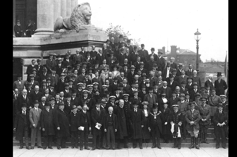 Back in June 1920, International law delegates from around the world gathered in Portsmouth for a conference. Here we see them on the Guildhall steps.