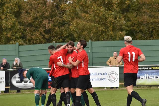 Fareham celebrate a goal against Brockenhurst. Picture: Paul Proctor.