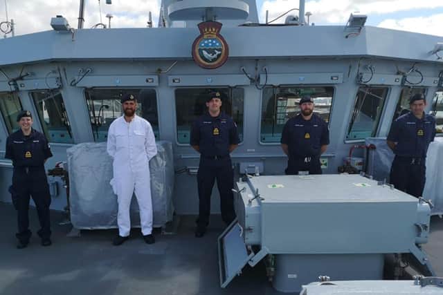 The first five members of the crew join HMS Spey, the Royal Navy's newest patrol ship. Photo: Royal NAvy