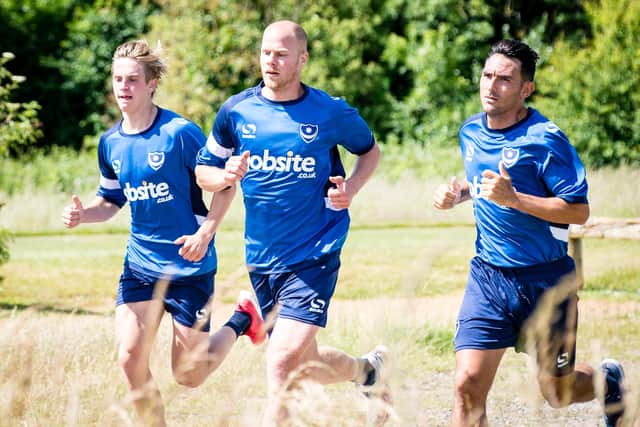 Snorre Nilsen (far left), Johnny Ertl and Gary Roberts in Pompey pre-season training in June 2015. Picture: Colin Farmery