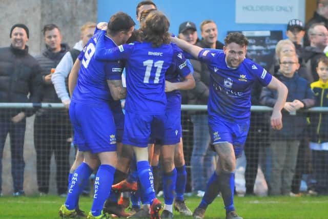 Baffins celebrate a goal during their stunning recovery at Moneyfields. Picture: Martyn White
