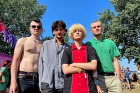 From left, Flowvers band members Connor Griffiths (20), Matisse Moretti (20), Stanley Powell (20) and Henry Wood (19) at the Isle of Wight Festival. Picture: Eleanor Davies