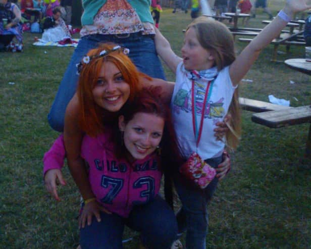 Porsche McGregor-Sims (middle) with mum Fiona Hawke (top), and sisters Tempest (bottom) and Pippin (right) at Camp Bestival