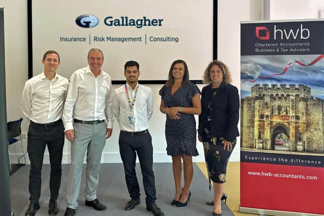 SAFETY FIRST: Combining for a cyber security seminar in Southampton were, from left, William Gage (Lloyds Bank), John Turner (Lloyds Bank), Sam Cheshire (Gallagher), Charlotte Powney (Gallagher), Michaela Johns (HWB)
