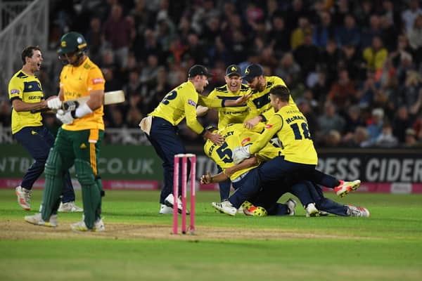 Hampshire celebrate their dramatic T20 victory last night. Photo by Tony Marshall/Getty Images.