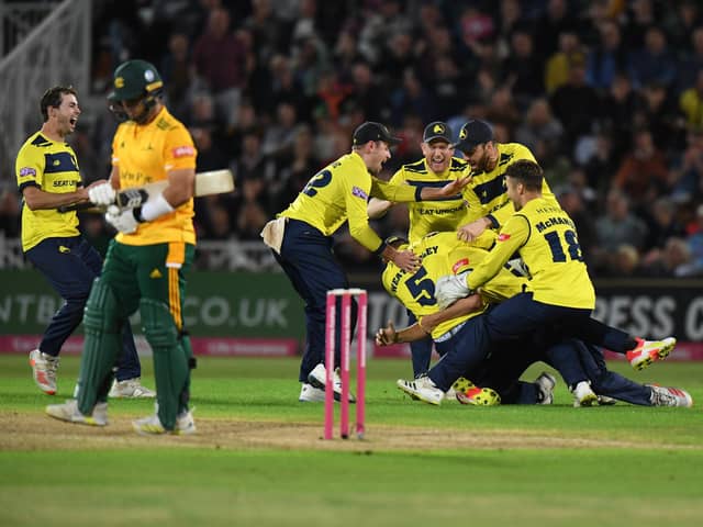 Hampshire celebrate their dramatic T20 victory last night. Photo by Tony Marshall/Getty Images.
