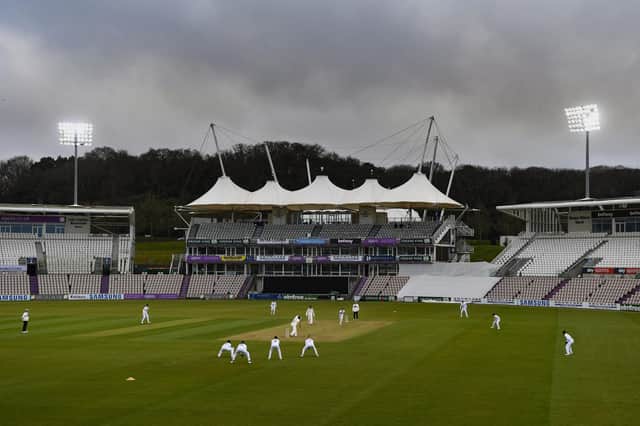 Empty seats during last week's friendly between Hampshire and Northamptonshire at The Ageas Bowl. Spectators won't be allowed in until mid-May - and they might need a Covid passport to get in. Photo by Mike Hewitt/Getty Images.