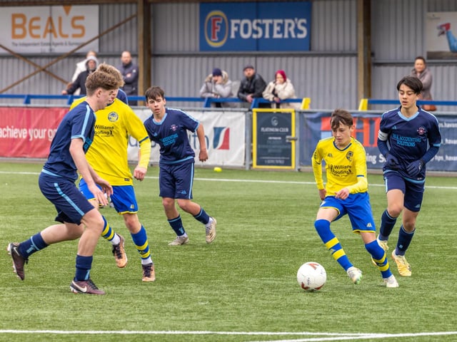 Action from the Under-16 Arthur Hughes Challenge Cup final between Meon Milton Awfords (yellow shirts) and Pickwick Youth Panthers. Picture: Mike Cooter