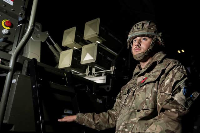 A Royal Artillery soldier pictured using the Sky Sabre missile system