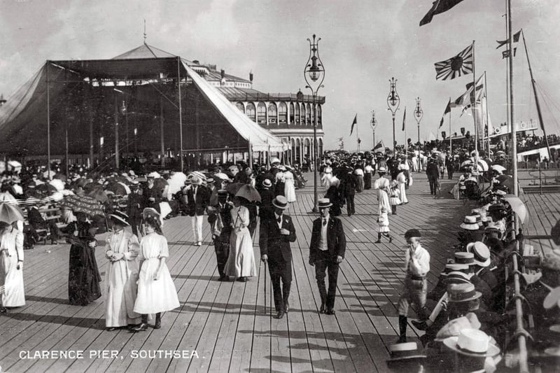 Boaters and parasols were the order of the day in this picture of sun-seekers on Clarence Pier, Southsea, about 1910.