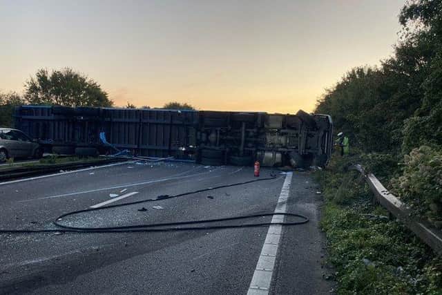 A lorry has flipped on the A27 near Chichester. Photo: Hampshire Road Policing Unit/Twitter