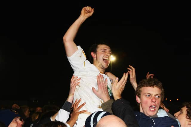 Shaun Wilkinson celebrates Hawks' FA Cup third round replay win over Swansea in January 2008 that booked them a trip to Anfield. Photo by Mike Hewitt/Getty Images.