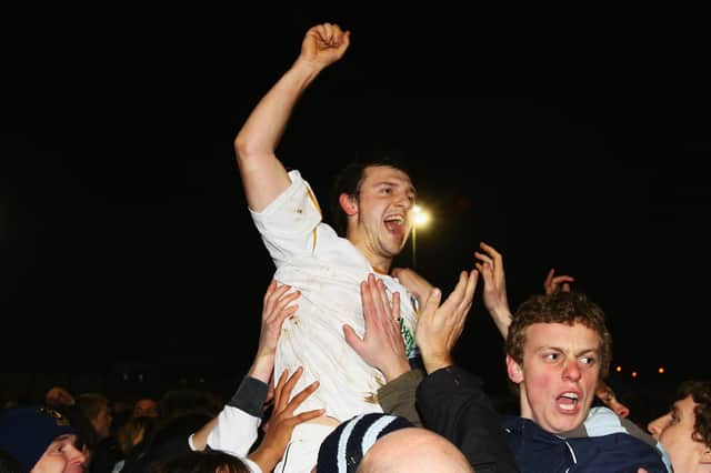 Shaun Wilkinson celebrates Hawks' FA Cup third round replay win over Swansea in January 2008 that booked them a trip to Anfield. Photo by Mike Hewitt/Getty Images.