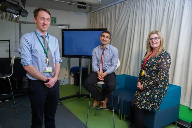 Maths teachers Jack Pollard, Ilyas Warshow, and Georgie Harris. Picture: Habibur Rahman