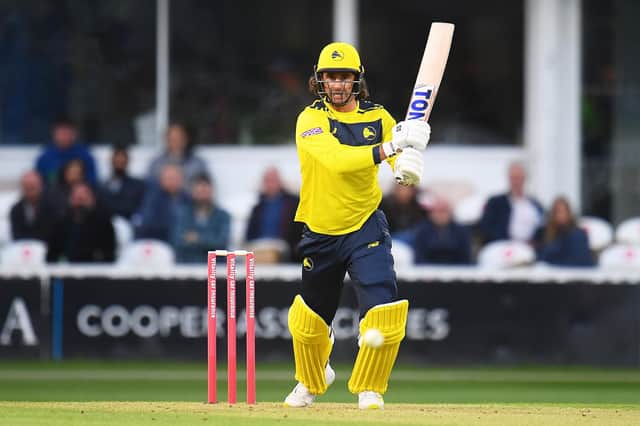 Colin de Grandhomme in action during his Hampshire debut at Taunton last Friday. Photo by Harry Trump/Getty Images.