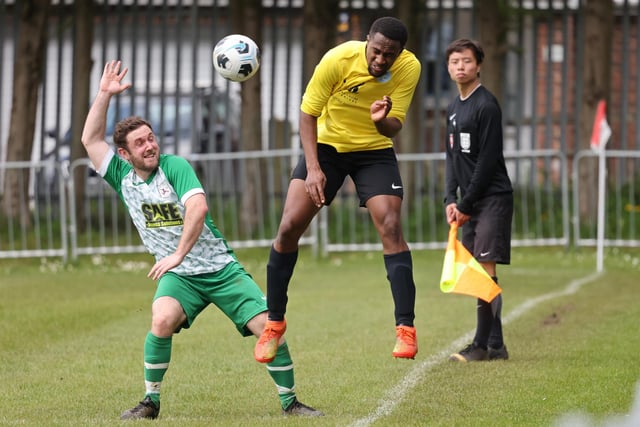 Action from the Father Purcell Challenge Cup final between Mob Albion (green/white kit) and Burrfields. Picture: Kevin Shipp