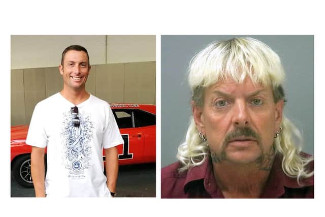Chris Coyne is raising money for Queen Alexandra Hospital by changing his middle name by deed poll to Joe Exotic, after the Tiger King star pictured right in his 2018 mugshot after his arrest on murder-for-hire charges. Picture: Santa Rosa County Jail/ MEGA