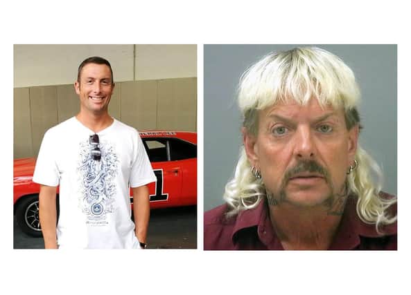 Chris Coyne is raising money for Queen Alexandra Hospital by changing his middle name by deed poll to Joe Exotic, after the Tiger King star pictured right in his 2018 mugshot after his arrest on murder-for-hire charges. Picture: Santa Rosa County Jail/ MEGA
