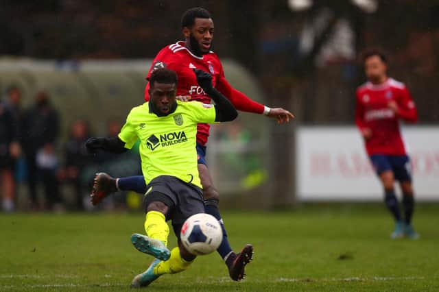 Abdulai Baggie (foreground) in National League South action for Weymouth against Hampton & Richmond Borough in February, 2020. Photo by Dan Istitene/Getty Images.