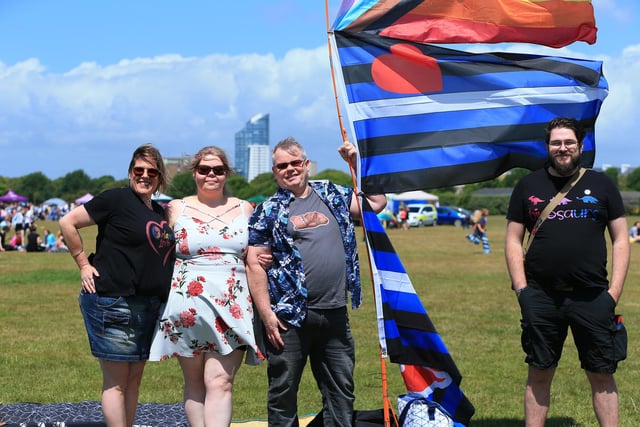 Lisa Farmer, Laura Johansson, Mark Griffiths and John Colman. Portsmouth Pride, Southsea Common. Picture: Chris Moorhouse (jpns 110622-10)