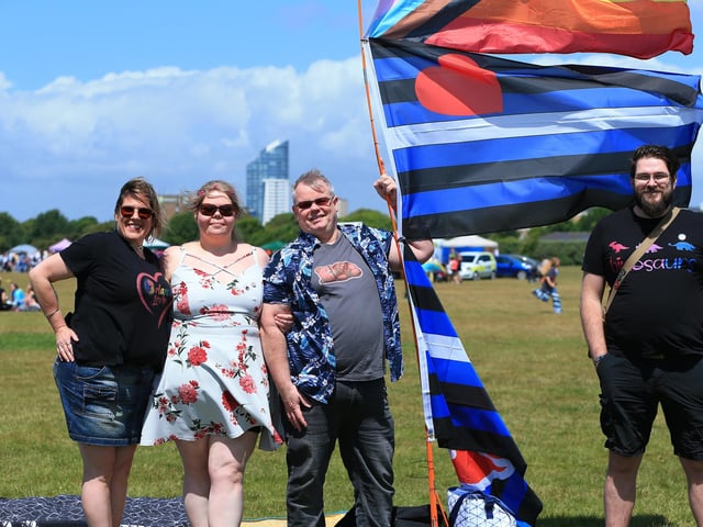 Lisa Farmer, Laura Johansson, Mark Griffiths and John Colman. Portsmouth Pride, Southsea Common. Picture: Chris Moorhouse (jpns 110622-10)
